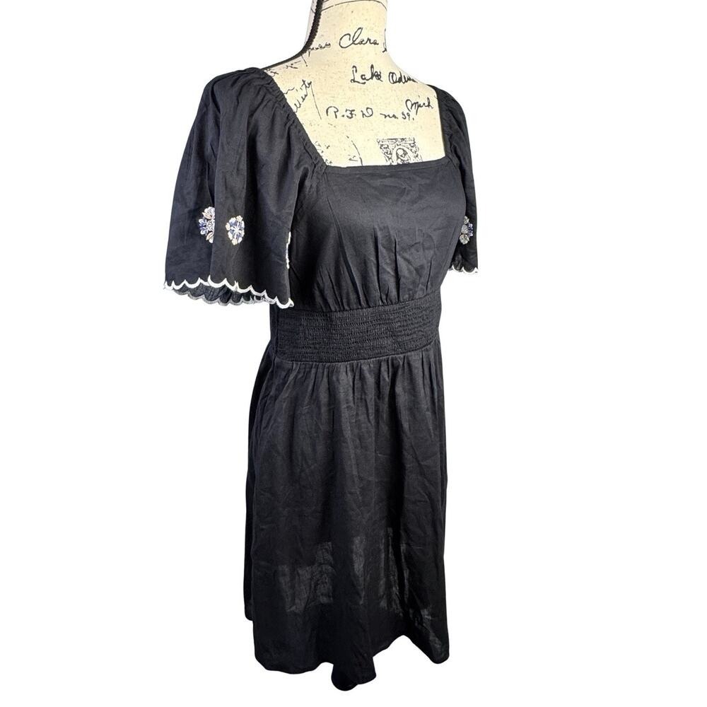 Old Navy Black Dress Smocked Waist Embroidered Puff Sleeve Dark Coquette Midi